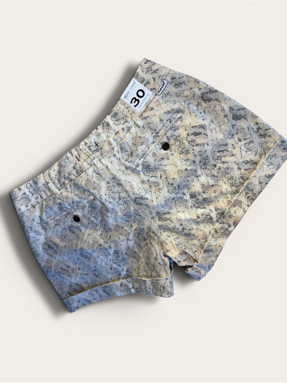 NWT DEAR JOHN shorts Hampton color:thistle snake Jean Beige/Gray Wash print 30 L